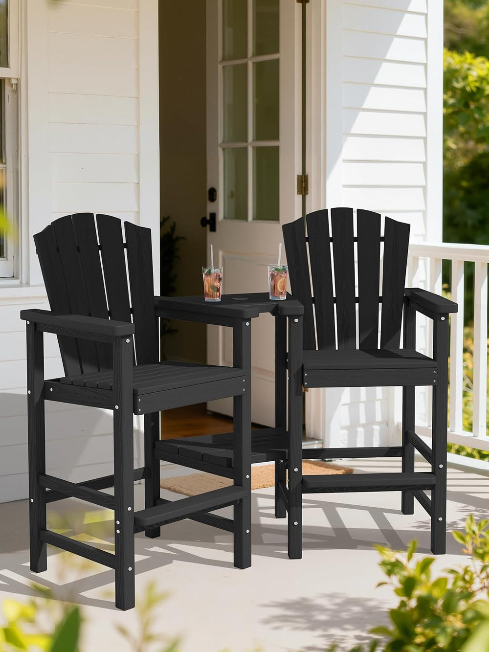 KINGYES Tall Adirondack Chair Set of 2 with Double Connecting Trays, Black
