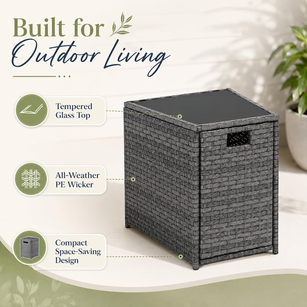 Restland Outdoor Wicker Table - Grey Rattan Coffee Table with Tempered Glass ...