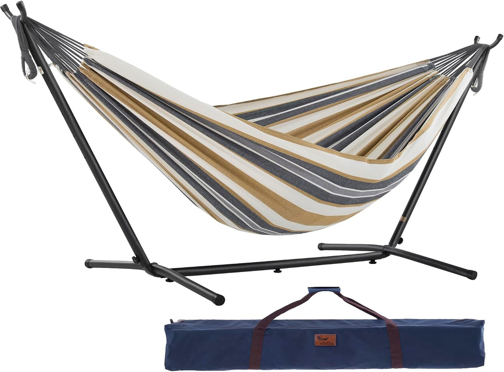 Vivere Double Cotton Hammock with Space Saving Steel Stand, Upgraded Polyeste...