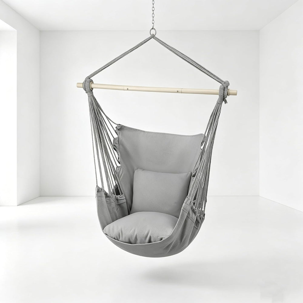 MoNiBloom Hammock Chair Hanging Rope Swing w/2 Cushions, Hold 350 lbs, Gray