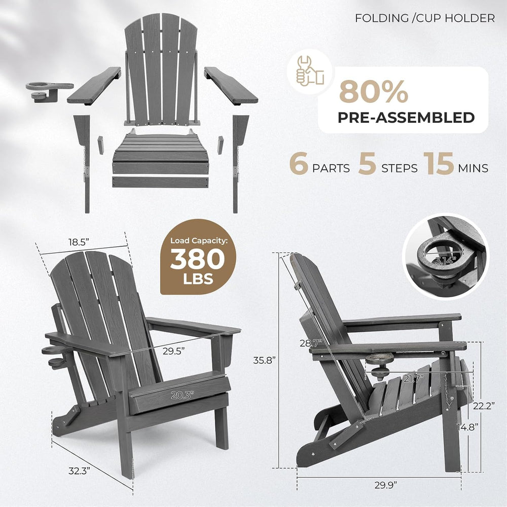 HDPE Adirondack Chair, Folding Outdoor Patio Chair with Cup Holder, Weather R...