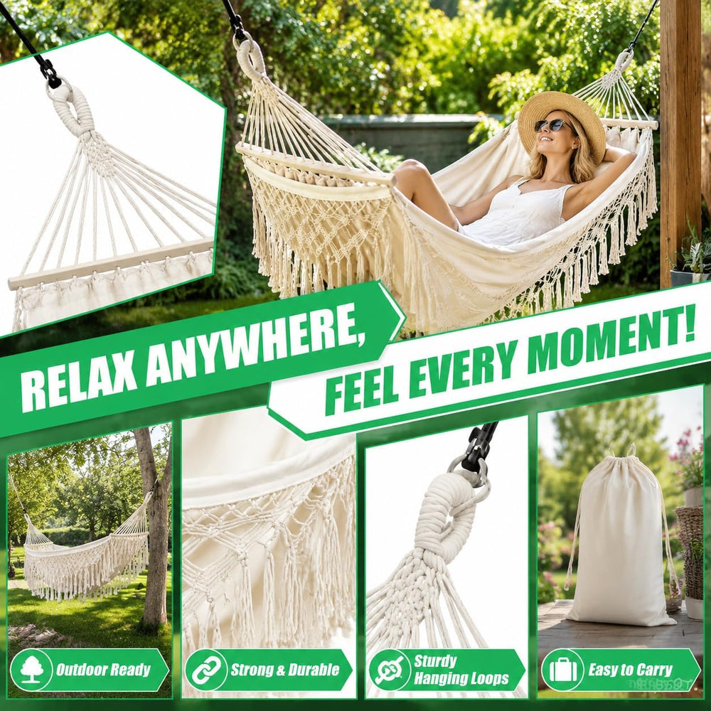 Bohemian Hammock Chair Swing with Crescent Wooden Bar (White)