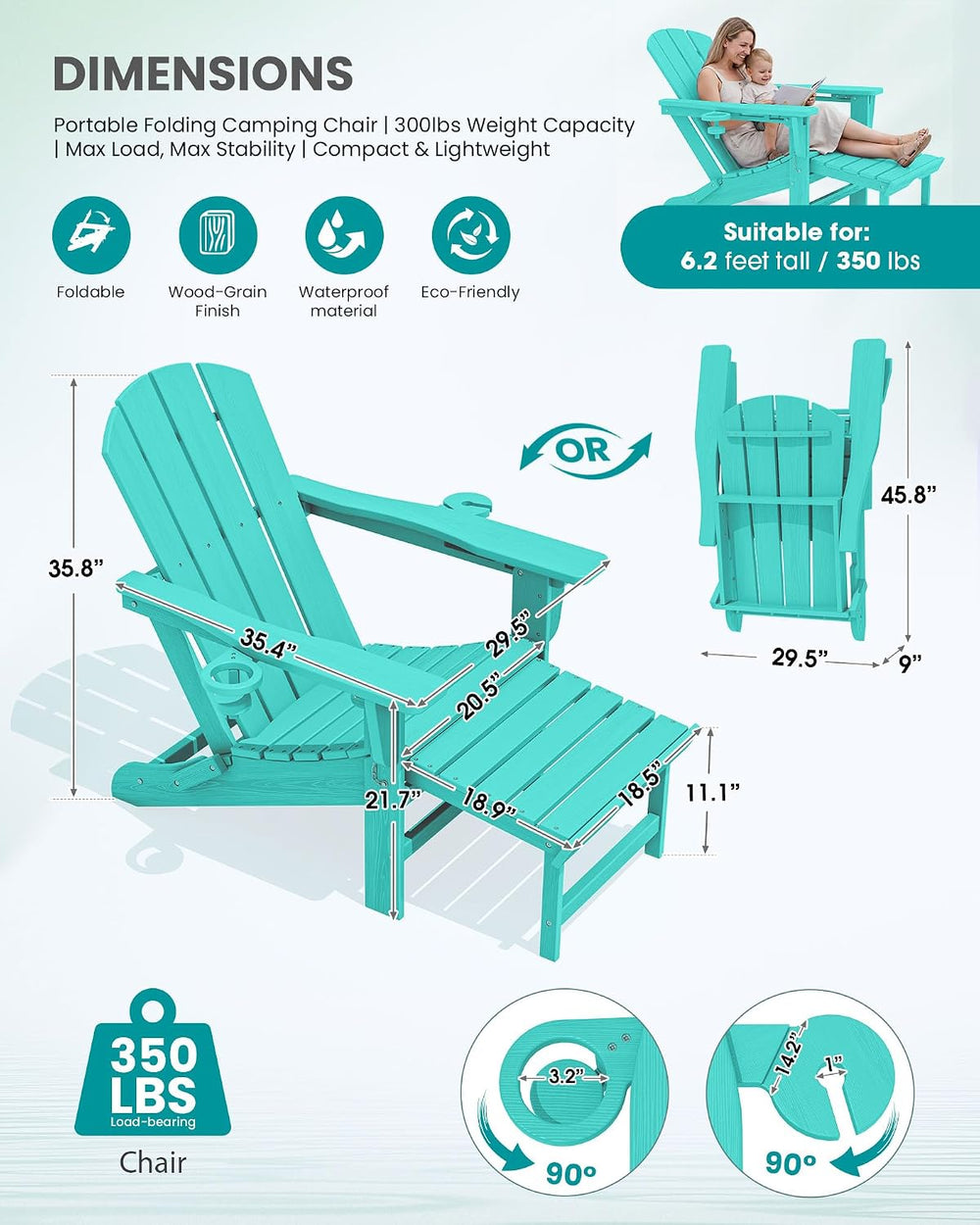 SERWALL HDPE Folding Adjustable Adirondack Chair with Footrest, Aruba