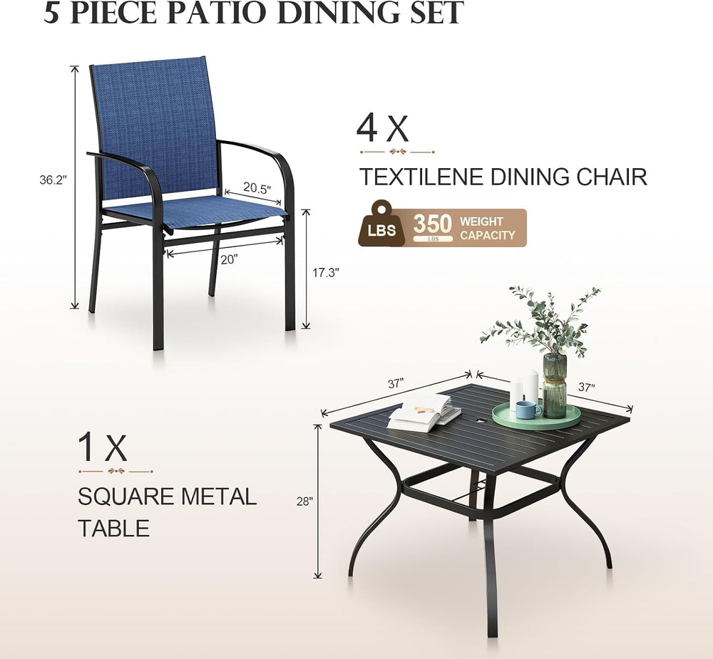 HERA'S HOUSE 5pc Patio Dining Set for 4, Outdoor Metal Table & Blue C...