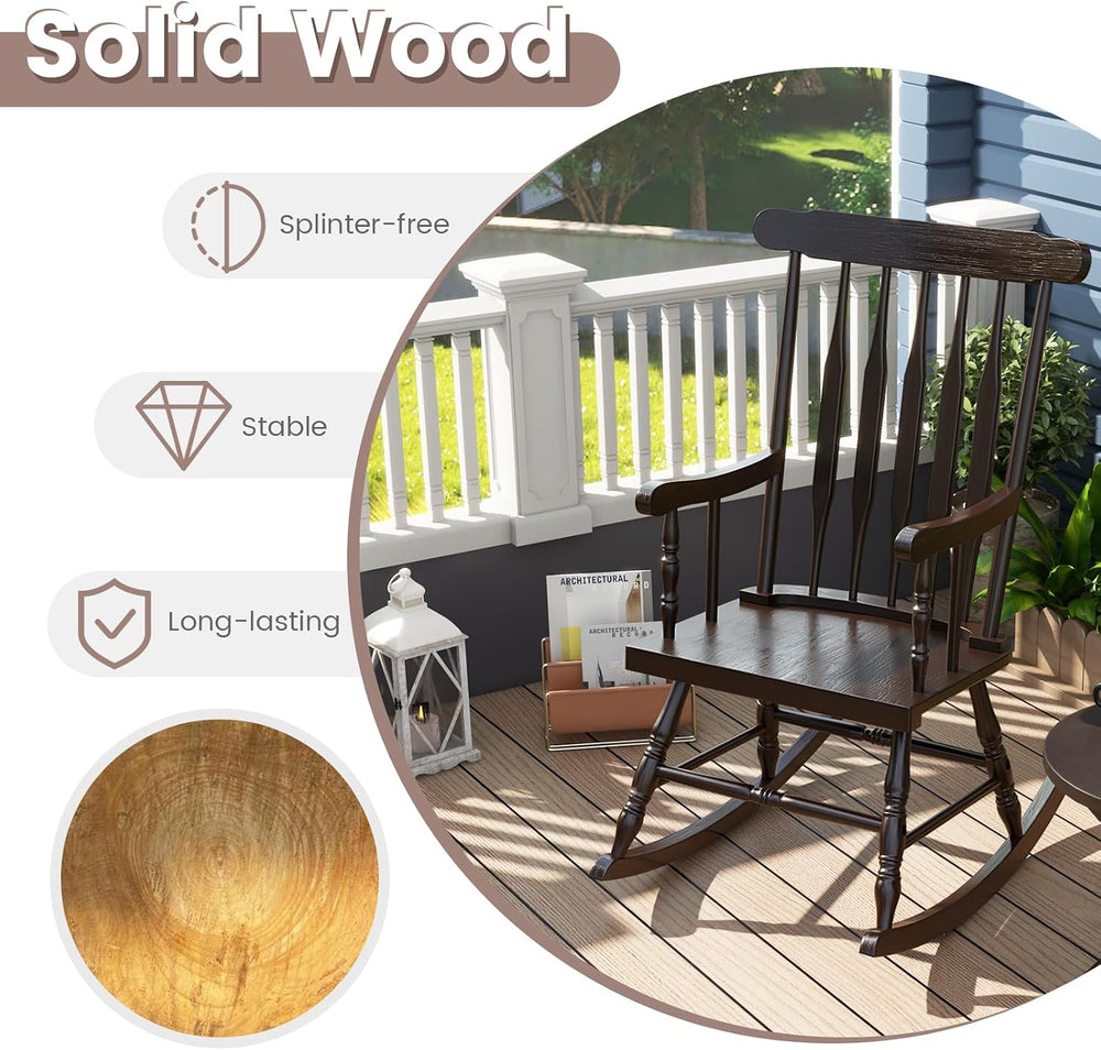 GIANTEX Indoor & Outdoor Wood Rocking Chair, Patio Rocking Chair, Dark Co...
