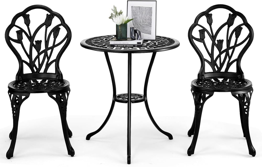 Outvita 3 Piece Cast Aluminum Bistro Set, Tulip Pattern Black