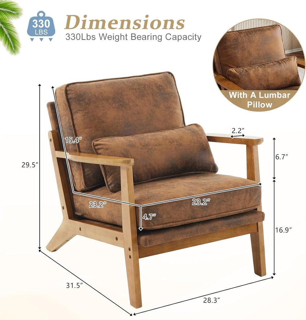 VINGLI Solid Wood Wide Armrests Accent Chair,Upholstered Mid Century Modern C...