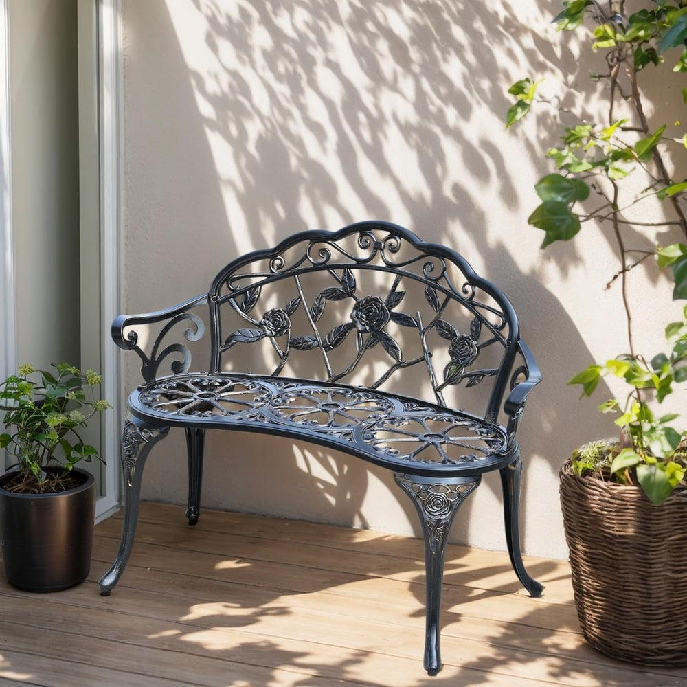 Cast Aluminium Outdoor Bench, Rose Garden Bench for Patio,Park,Lawn,Yard(Bronze)