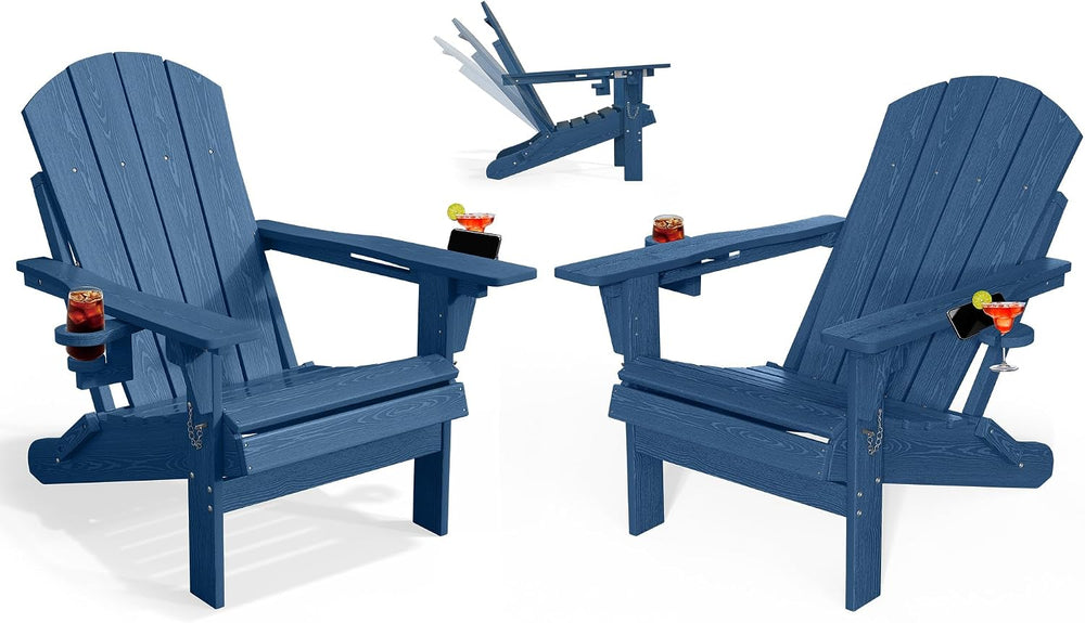 PLUUV Adjustable Folding Adirondack Chairs Set of 2 with Cup Holders, Navy