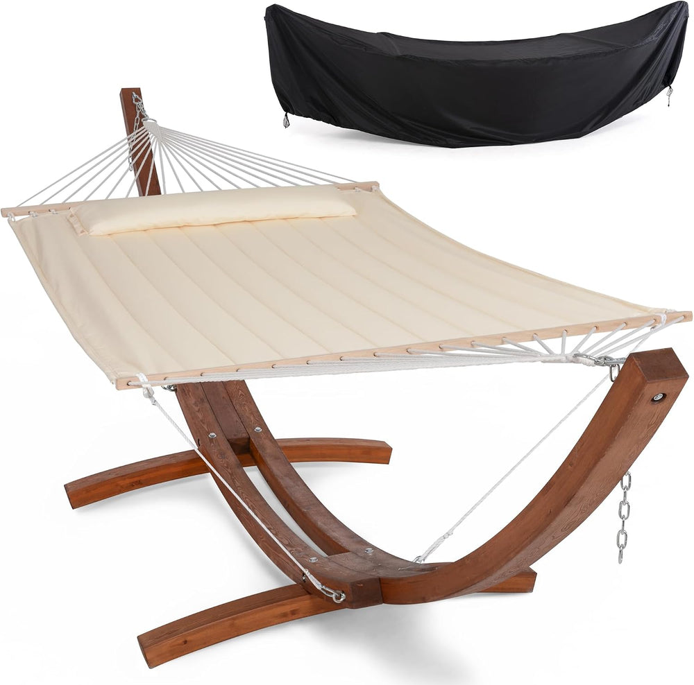 SUNCREAT Hammocks Double Hammock with 13.5 ft Wooden Stand, Hammock Cover, Ou...