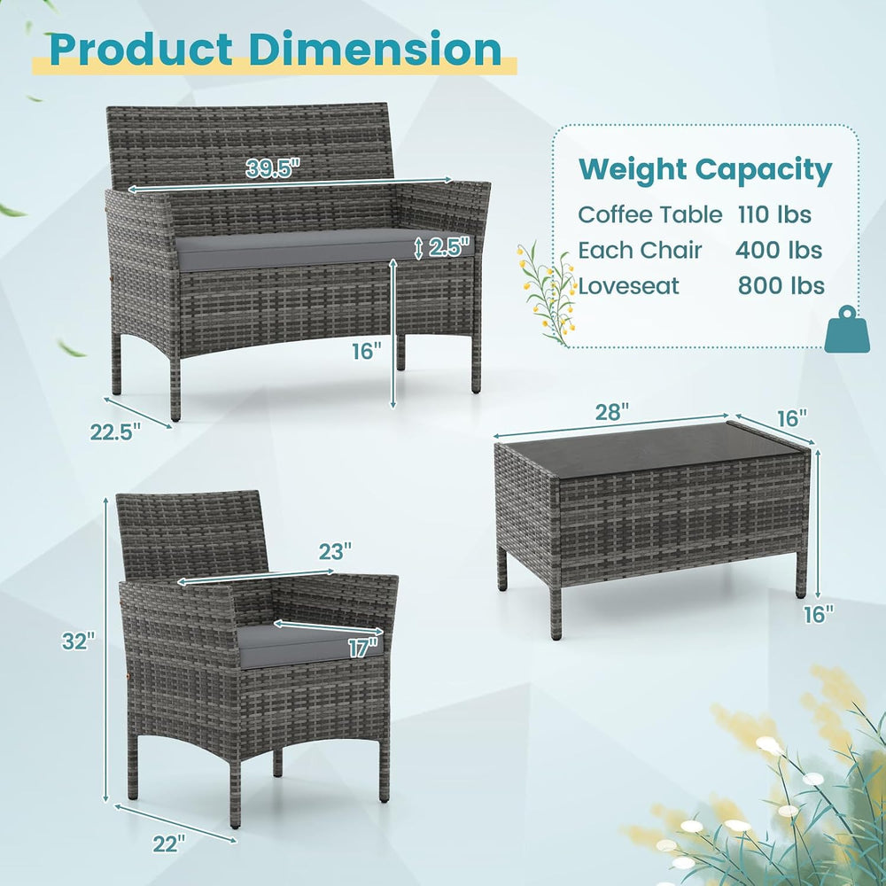 RELAX4LIFE 4-Piece Patio Furniture Set - Rattan Outdoor Conversation Bistro S...