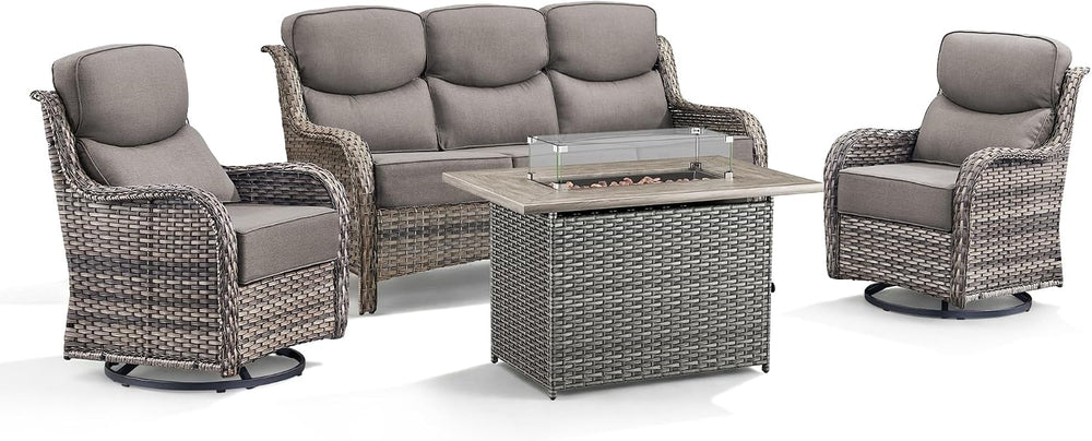 Luxury Patio Furniture Set with Fire Pit Table-4 Pieces High Back Wicker Swiv...