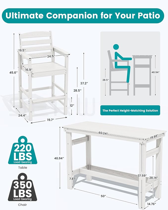 SERWALL Outdoor Bar Set - 4 Adirondack Bar Chairs & Bar Height Table with...
