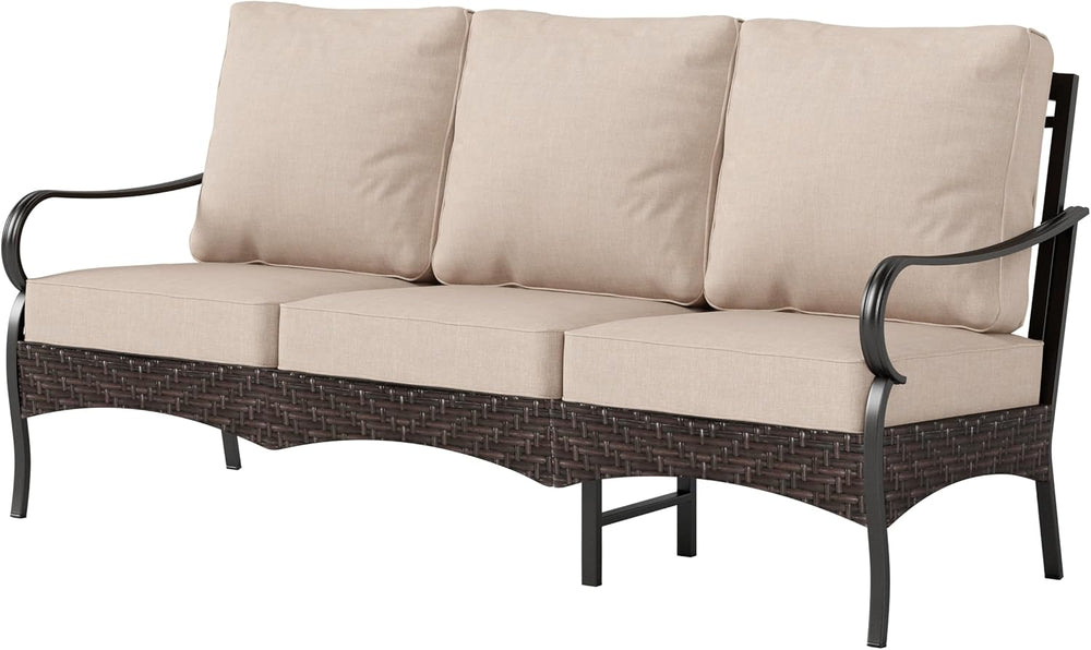 PHI VILLA Rattan Outdoor Sectional Sofa Set, Durable Steel Frame, 3 Seats