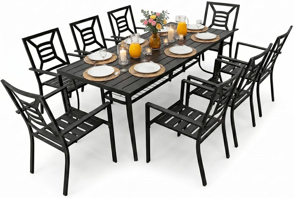 Outdoor Patio Dining Sets 9 Pieces, Large 77" Rectangular Metal Dining T...
