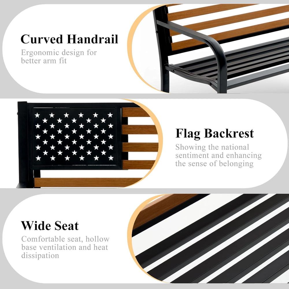 45.7 Inch American Flag Outdoor Bench - Patriotic Stars and Stripes Garden Be...