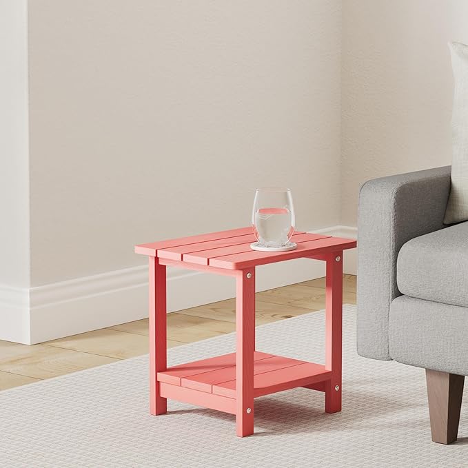 LUE BONA Adirondack Outdoor Side Table, 2-Tier Bright Red HDPS Patio End Tabl...