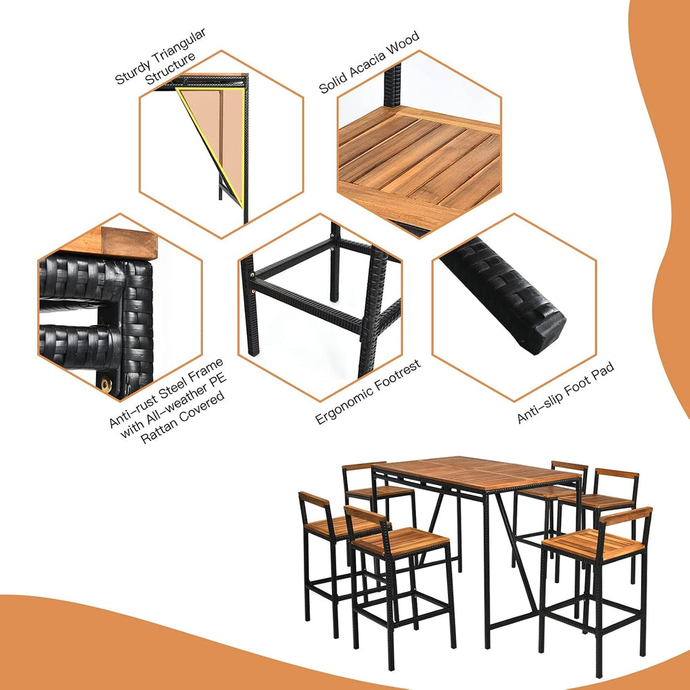 HAPPYGRILL 7 Piece Patio Bar Table Set with Umbrella Hole Acacia Wood High-Di...