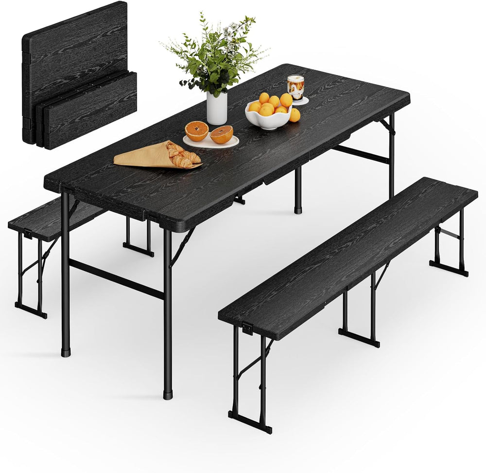 6FT Folding Table with 2 Benches for Picnic, Party, Camping, School, Black