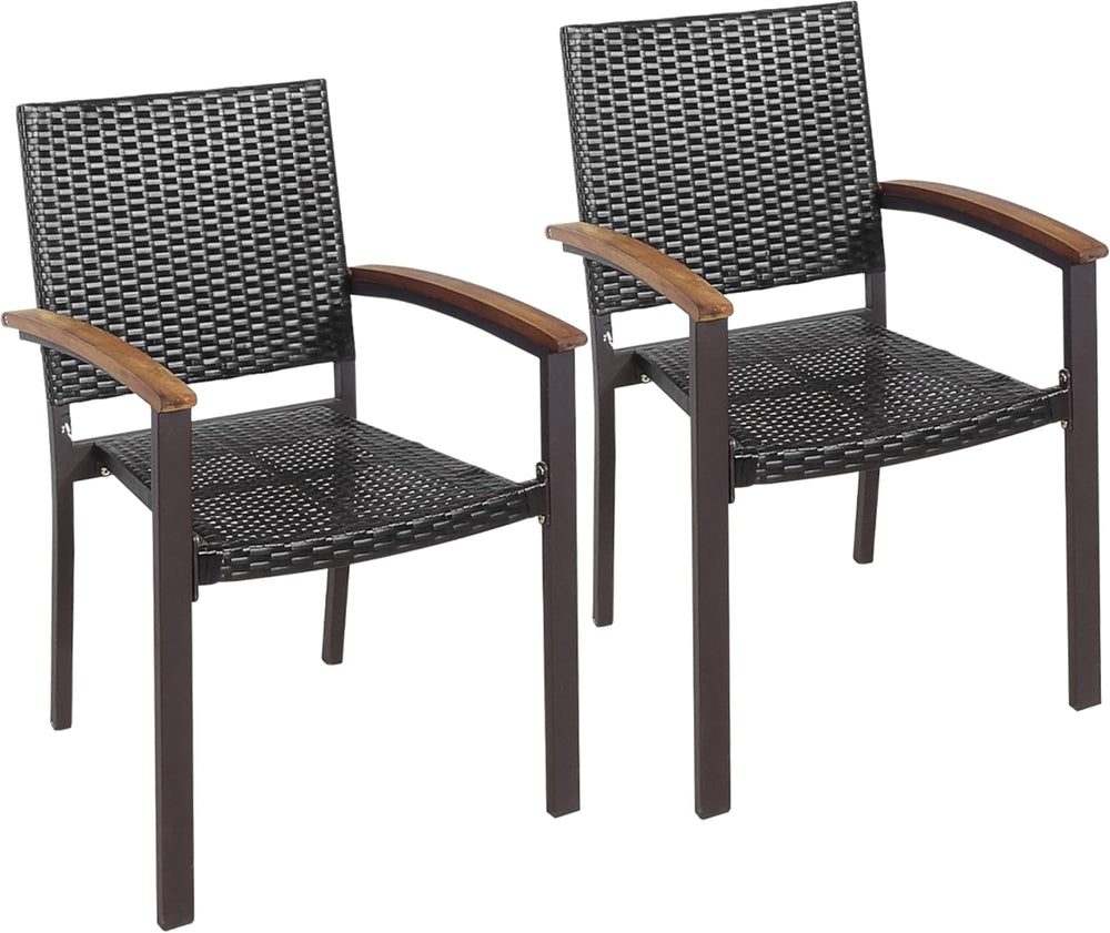 Tangkula 2 Pieces Outdoor PE Wicker Stackable Chairs, Patio Dining Chairs wit...