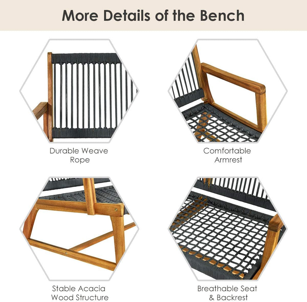 Tangkula 2-Person Patio Acacia Wood Bench Loveseat, Outdoor Patio Rope Bench ...