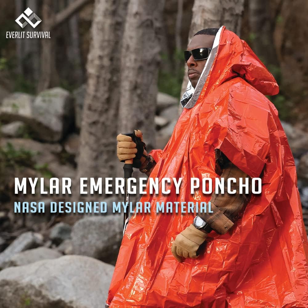 Everlit Survival Rain Poncho Emergency Mylar Space Blanket Camping Gear-Retai...