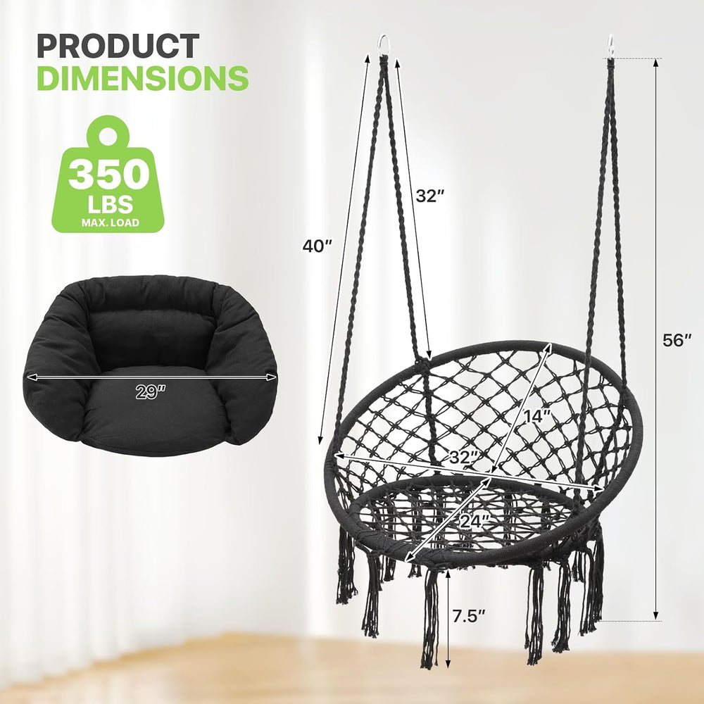 Magshion Macrame Hanging Hammock Chair with Cozy Full Cushion, Black