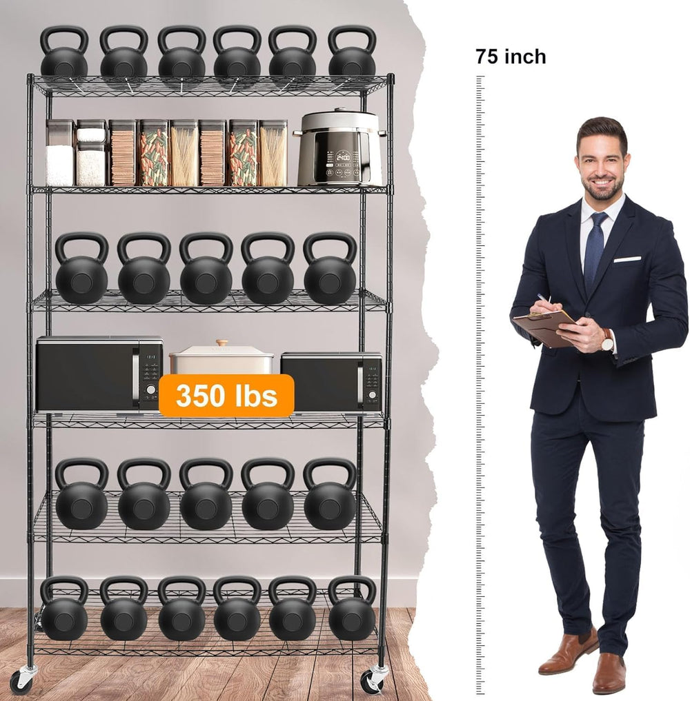 YNN Storage Shelves,2100Lbs 6 Tier Heavy Duty Metal Rolling Shelving Unit wit...