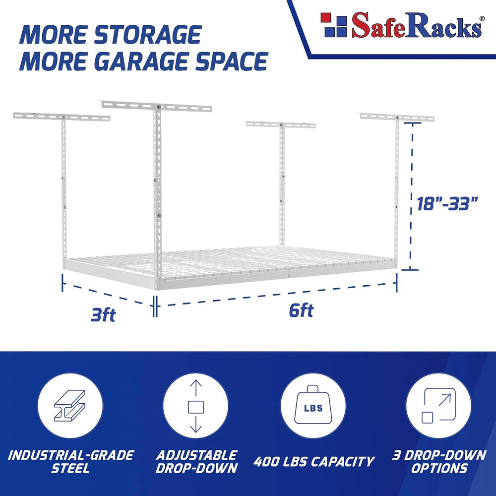 SafeRacks 3x6 Overhead Garage Storage Rack, White, 18"-33" Height