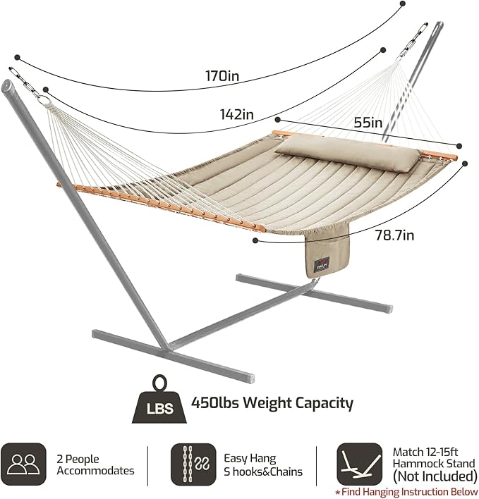 Double Quilted Fabric Hammock with Hardwood Spreader Bars and Pillow 450 LBS ...