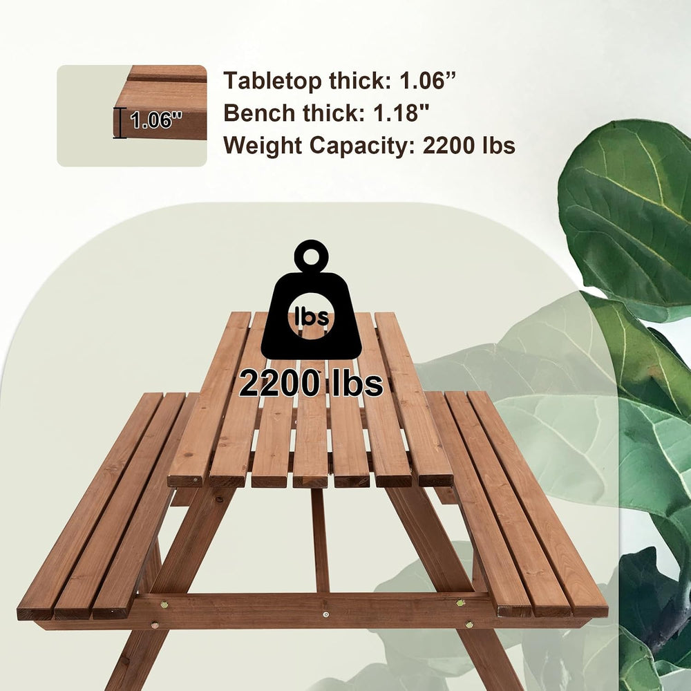 Outdoor Wooden Picnic Table with Benches and Umbrella Hole, Rustic Style Wood...