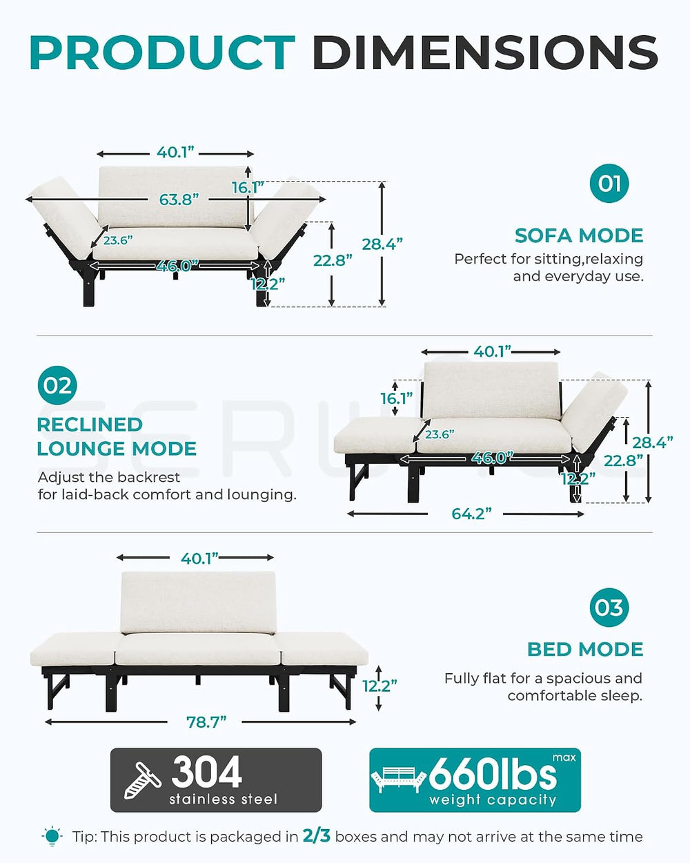 SERWALL HDPE Convertible Patio Couch Sofa Bed with Adjustable Armrests, Outdo...