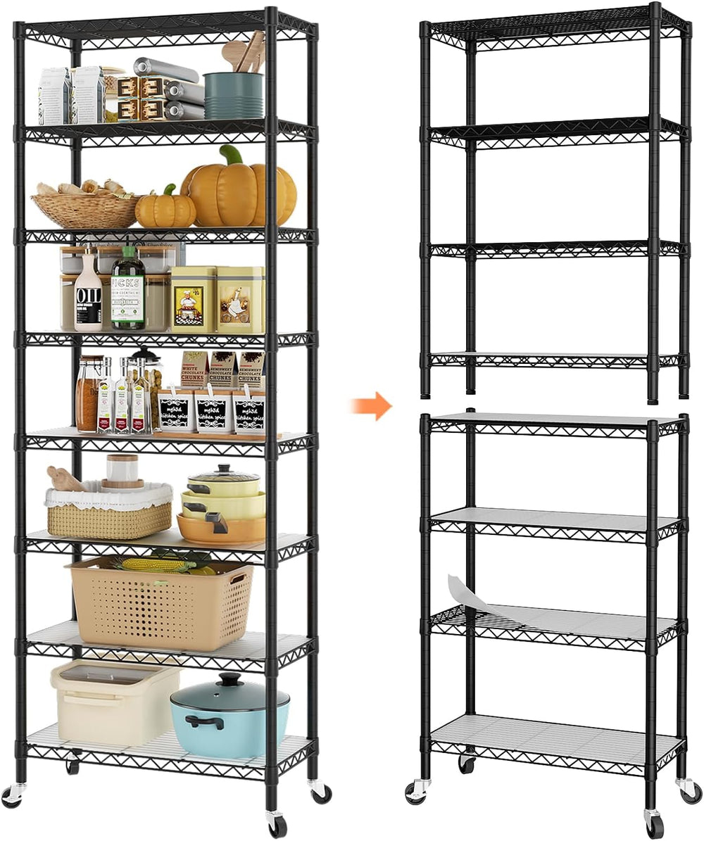 SINGAYE 8 Shelves Storage Wire Shelf Closet Metal Shelving Pantry Wheels