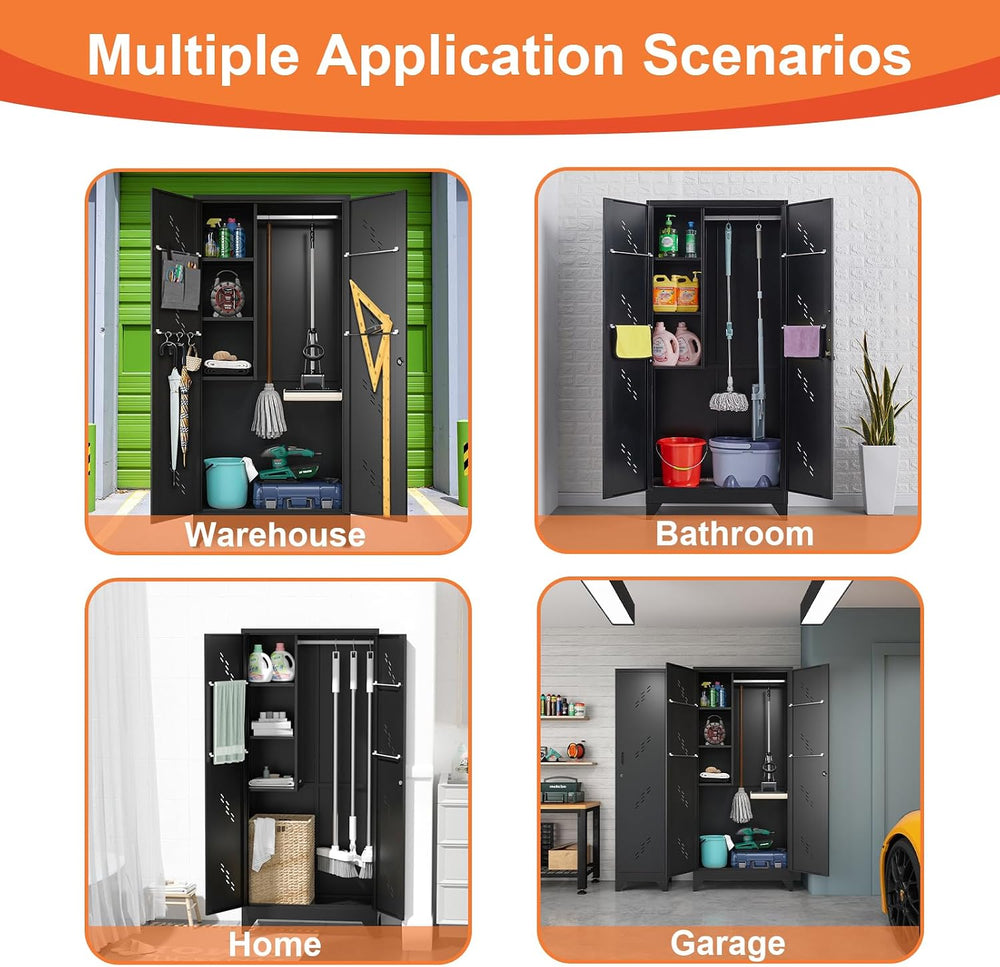 75" Metal Garage Storage Cabinet, Cleaning Tool Storage Cabinet, Utility...