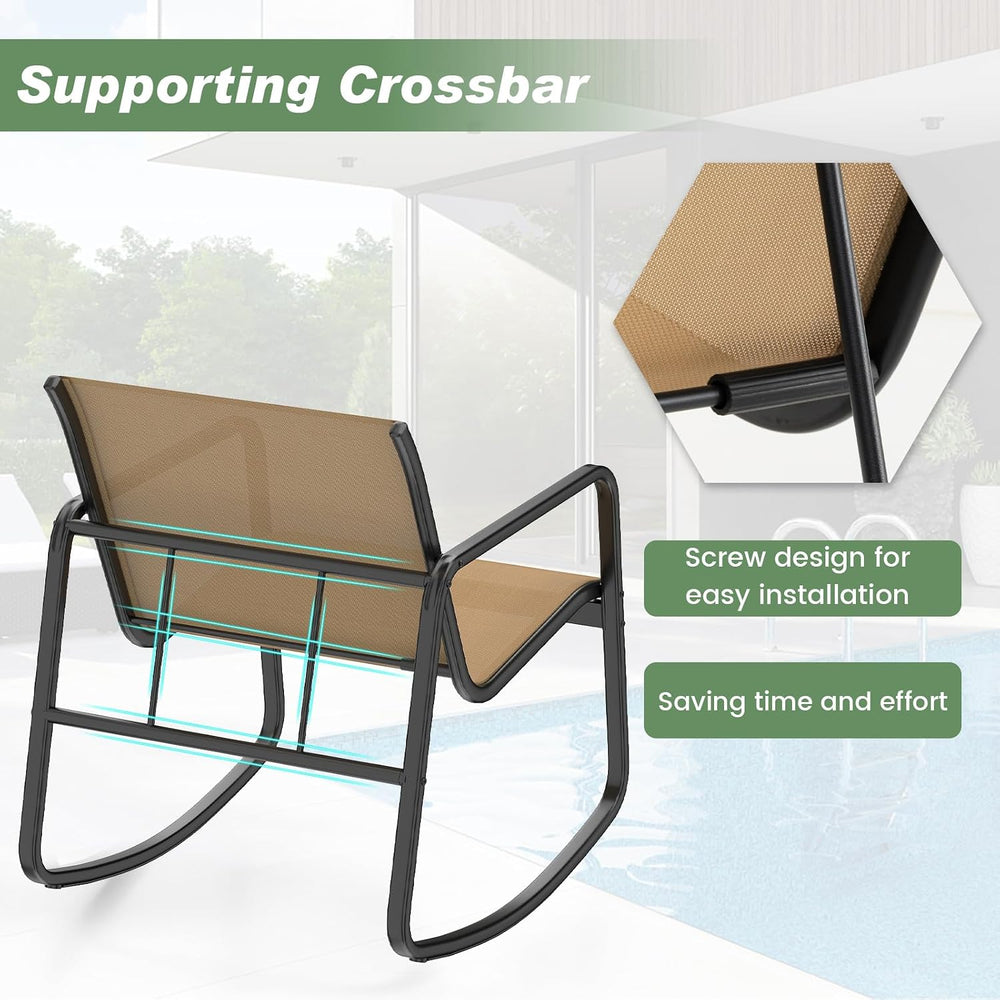 HAPPYGRILL 3 Pieces Patio Rocking Bistro Set with Glass-Top Table, Rocking Bi...