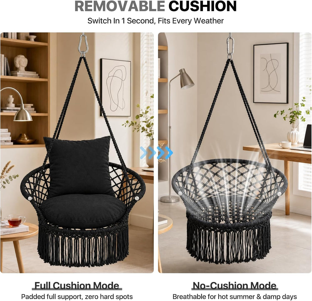 Athena Collection Macrame Hammock Chair with Mounting Hardware Kit, Black