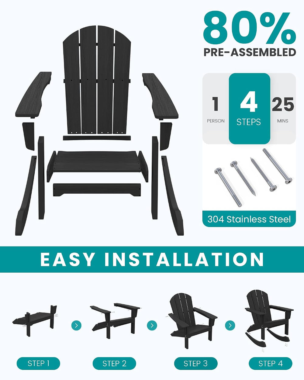 SERWALL Outdoor HDPE Adirondack Rocking Chair, All-Weather, Black