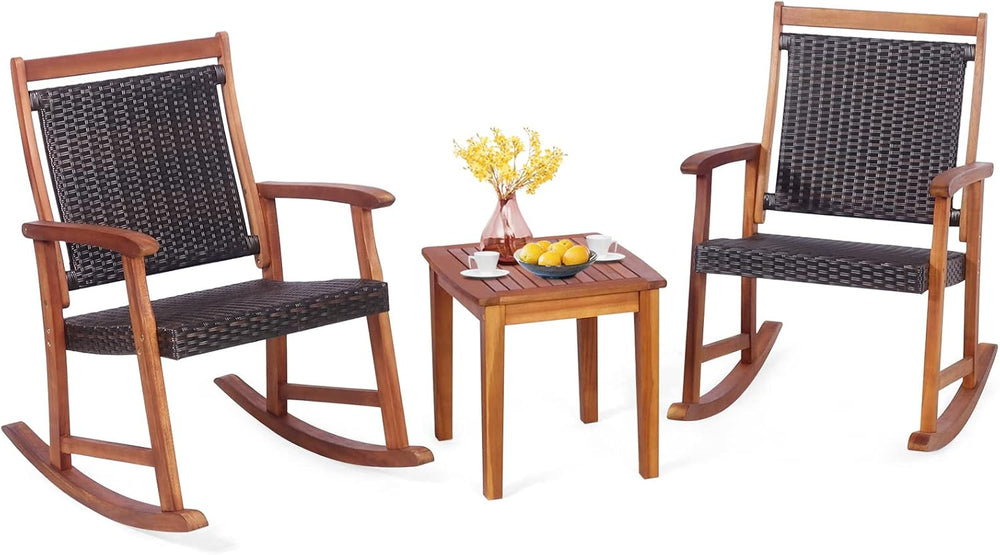 HAPPYGRILL 3 Pieces Rocking Bistro Set Acacia Wood Patio Rocking Chairs with ...