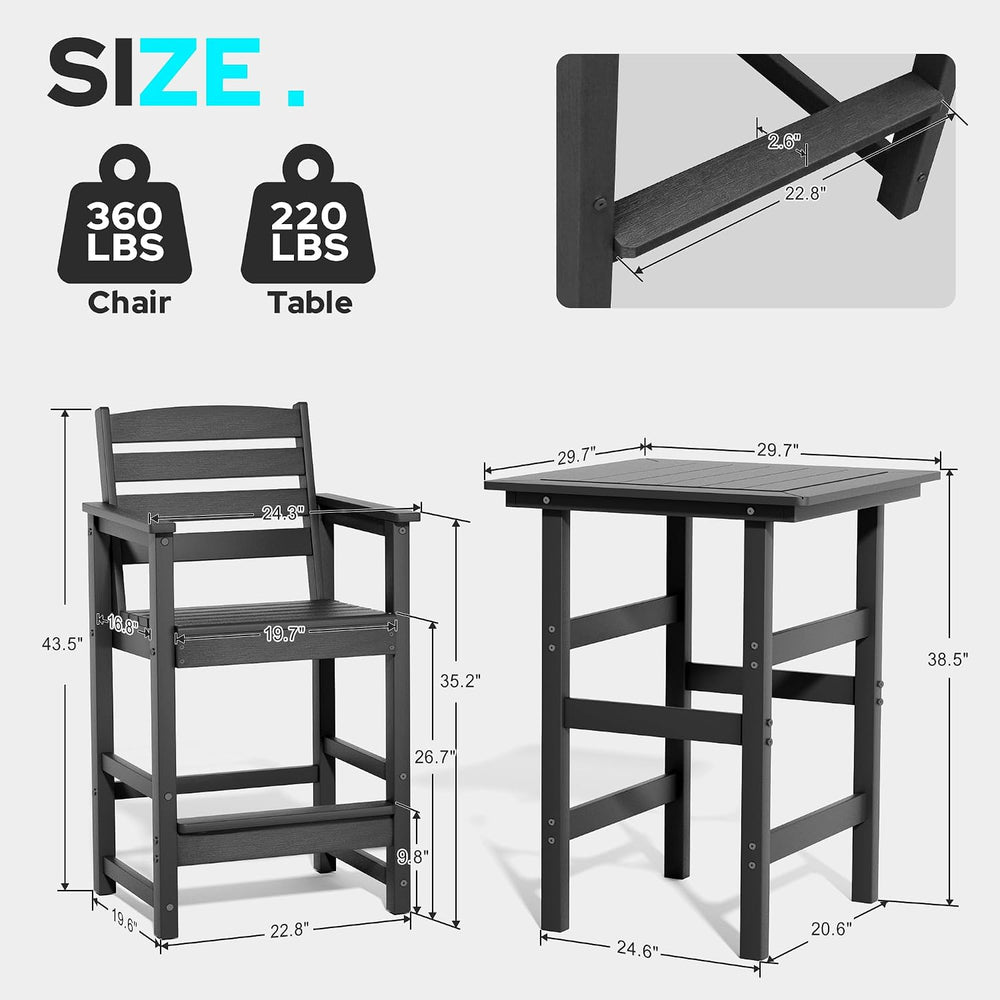 3-Piece Outdoor Bistro Bar Set, HDPE Bar Height Table & Chairs, Black