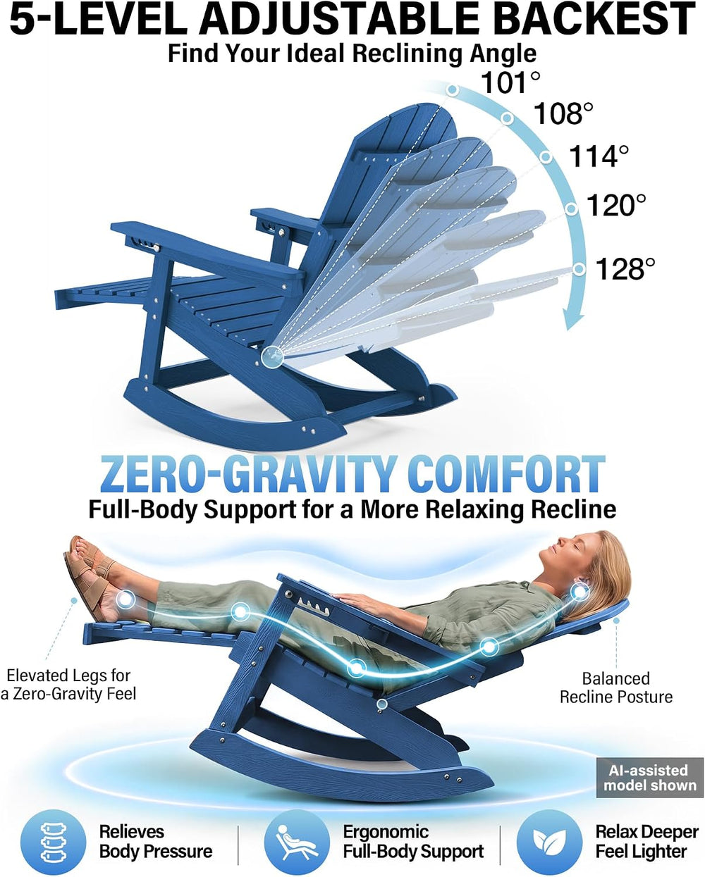 YEFU Adirondack Rocking Chairs Set of 4, with Footrest, 5-Level Adjustable