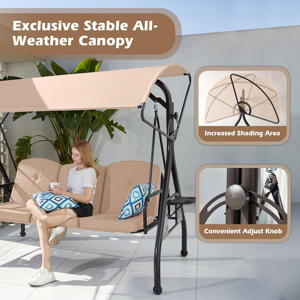 ZZW 800LBS Patio Swing with Canopy 3 Seat Outdoor Porch Swing with Stand w/Cu...