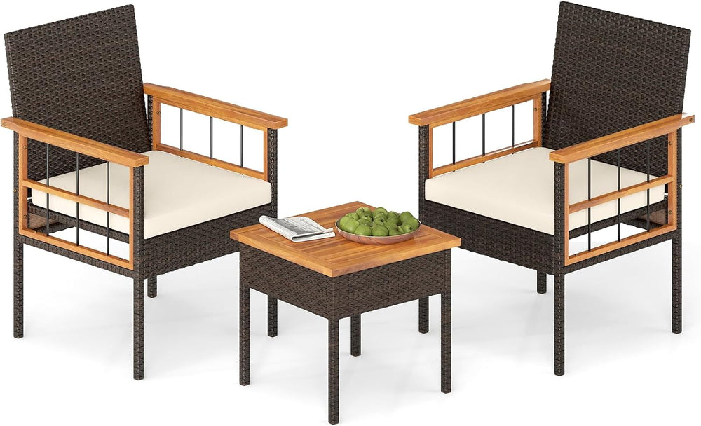 Tangkula 3 Piece Outdoor Wicker Conversation Furniture Set, Patio Rattan Cush...