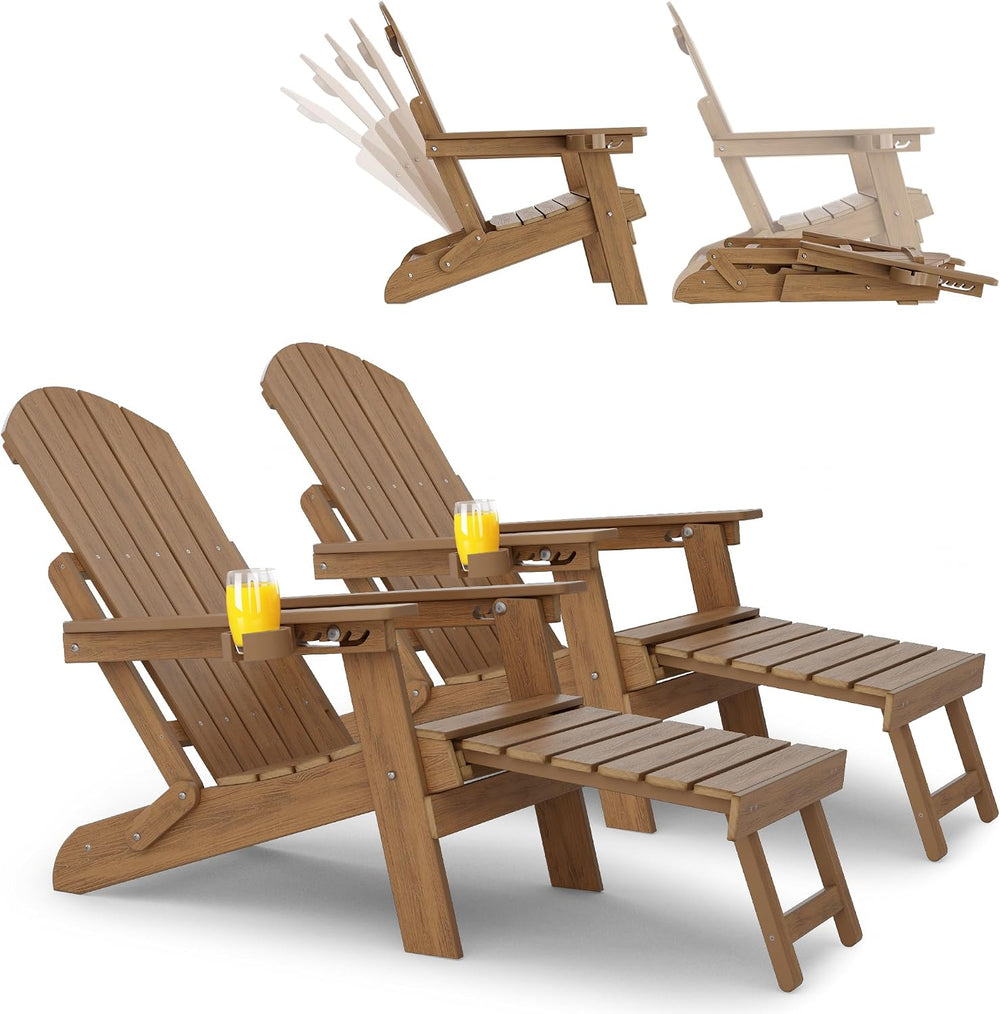 YEFU Adjustable Adirondack Chair with Footrest,All-Weather, Set of 2,Walnut