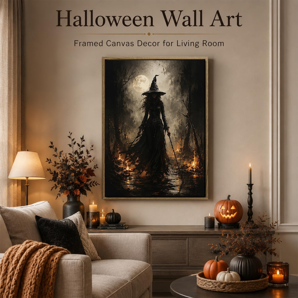 Halloween Framed Wall Art, Dark Witch in Moonlit Forest Halloween Pictures