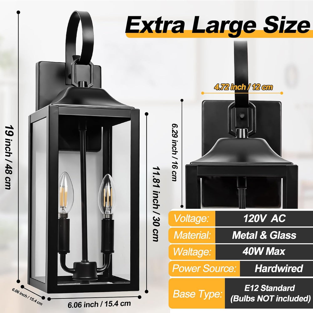 19" Large Black Outdoor Wall Lights, Waterproof Exterior Lighting Fixtures