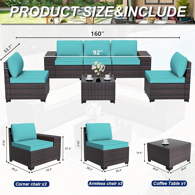 ALAULM 6 Pieces Patio Furniture Set, Oversized Seat/Armrest and High Back Wic...