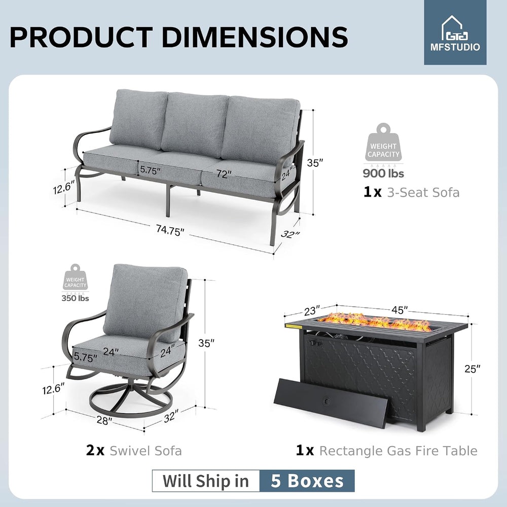 MFSTUDIO 6 Piece Metal Patio Furniture Set with Fire Pit Table, Gray