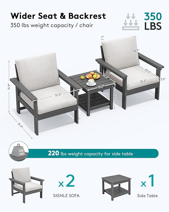 SERWALL HDPE Patio Sofa Set, 3-piece Sectional Outdoor Furniture Set, All Wea...