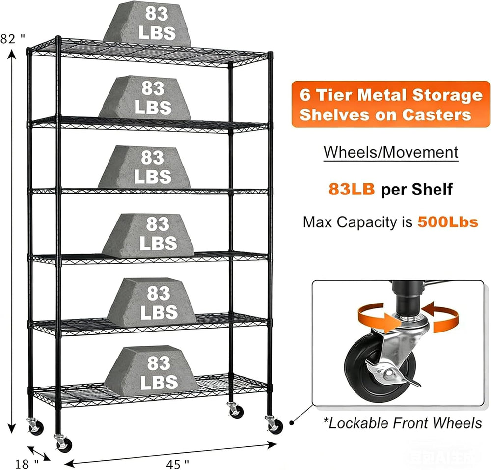 6-Tier Storage Shelves, Heavy Duty Metal Shelving Unit with Wheels | Rust-Res...