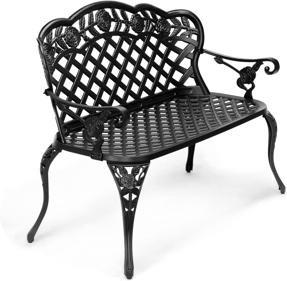 VINGLI 42.5" Outdoor Bench, Antique Cast Aluminum Front Porch Bench Meta...